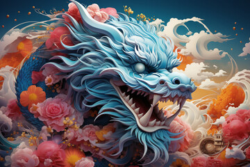 Fototapeta na wymiar A mythical and cosmic rendering of the Chinese Azure Dragon, with celestial patterns and cosmic energies, symbolizing power and benevolence in a visually elaborate composition.