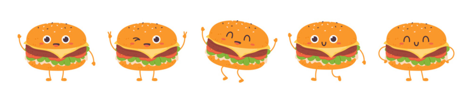 Cute burgers different poses and emotions. Isolated kawaii burger happy and sad. Fresh hamburger cartoon mascot, racy vector children clipart