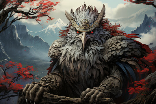 A mythical and whimsical depiction of the Japanese Tengu, with its distinctive long nose and feathered wings, set against a backdrop of ancient Japanese mountain landscapes.