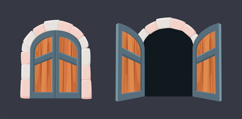 Medieval castle gate. Cartoon wooden doors open and close. Kingdom, fortress or dungeon entrance. Opened closed giant door, nowaday vector elements