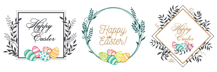 Easter frames decorated with herbs, flowers and Easter eggs. Colored Easter eggs. Vector drawing. - obrazy, fototapety, plakaty