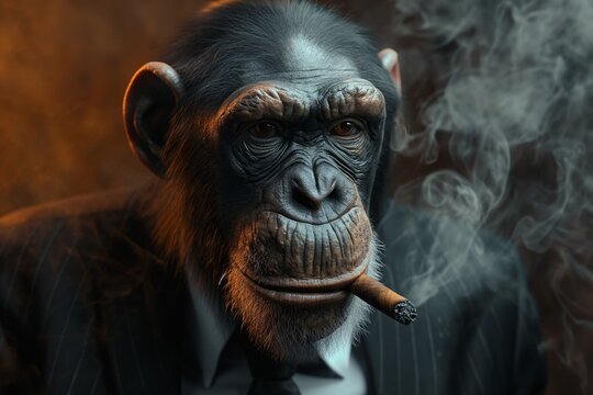 AI generated illustration of a chimpanzee dressed in formal suit confidently smoking a cigar