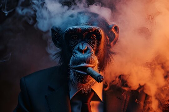 AI generated illustration of a chimpanzee dressed in formal suit confidently smoking a cigar