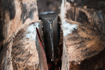 Axes with handles are placed on a wooden log. The hatchets. Harvesting firewood in the village. Craft at the countryside. Healing and longevity. Meditation of nature. Timber pantry. High resolution.
