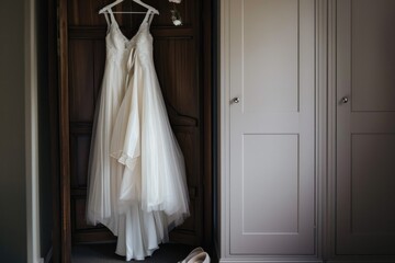 Wedding dress hanging in a wooden wardrobe next to white doors.