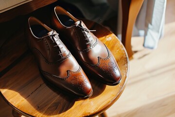 Polished brown wedding dress shoes on a wooden surface.