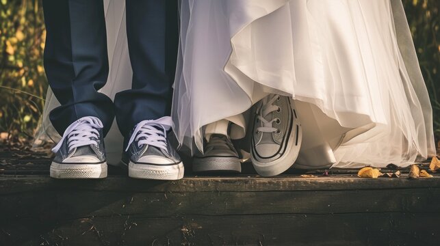 Wedding couple's feet with bride in white dress and groom in blue suit wearing sneakers. - Powered by Adobe