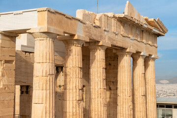 Columns of Propylaea of the Athenian Acropolis in Athens, Greece. Ancient Greek architecture....