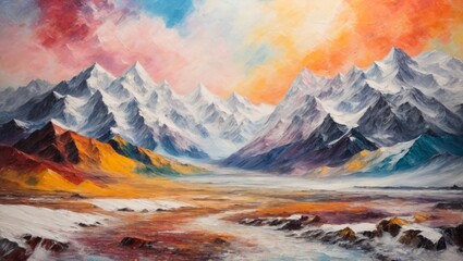 Snow-capped mountains, with oil brush stroke and pallet knife paint on canvas