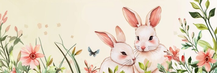 Cartoon cute sweet bunnies and flowers