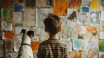 Boy and his dog looking at a wall full of children's doodles and paintings. Messy living room