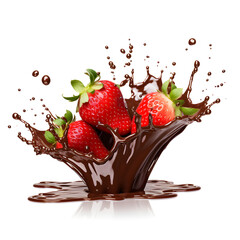 Fresh Strawberries with a chocolate splash on a white background 