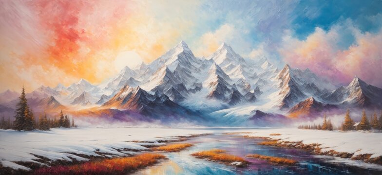Snow-capped mountains, with oil brush stroke and pallet knife paint on canvas