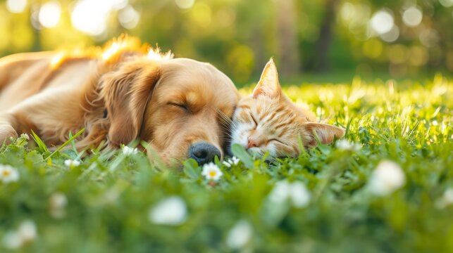 Cute dog and cat lying together on a green grass field nature in a spring sunny background