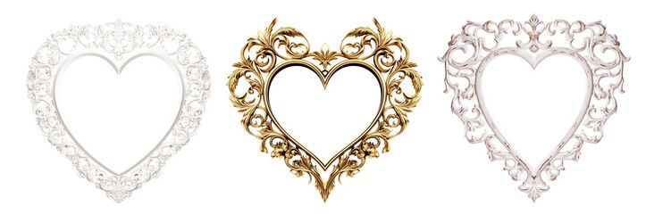 Vintage heart shaped frame, set of beautiful frames Isolated cutout on transparent background.