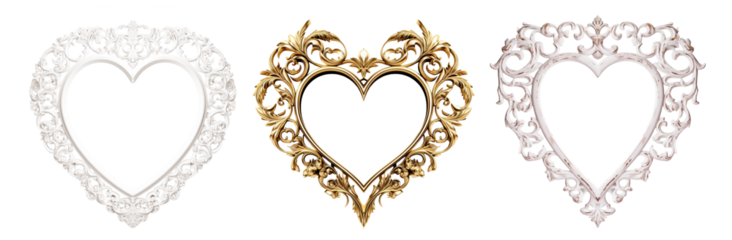 Vintage heart shaped frame, set of beautiful frames Isolated cutout on transparent background.