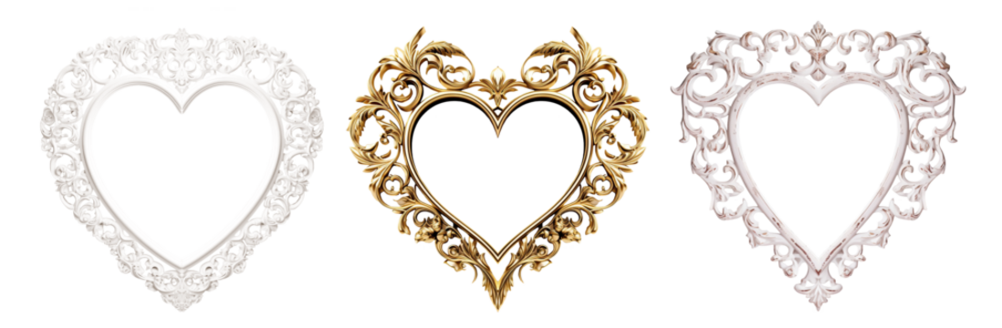 Vintage heart shaped frame, set of beautiful frames Isolated cutout on transparent background.