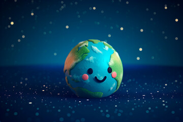 Adorable Earth kawaii character in a 3D style on a dark blue starry background.
