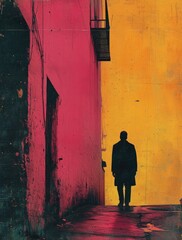 Silhouette of a person walking alone down a vibrant alleyway