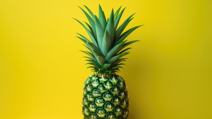 A large pineapple on a plain yellow background. Ripe fruit. The concept of rest and summer. - obrazy, fototapety, plakaty