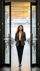 Woman business leader portrait in office background. Happy International Woman&rsquo;s Day concept. Caucasian successful confident professional businesswoman in suit. Copy space.
