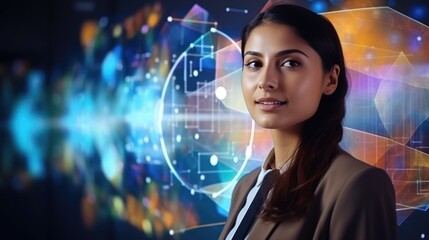 Fototapeta premium Woman business leader portrait in office background. Happy International Woman’s Day concept. Caucasian successful confident professional businesswoman in suit. Copy space.