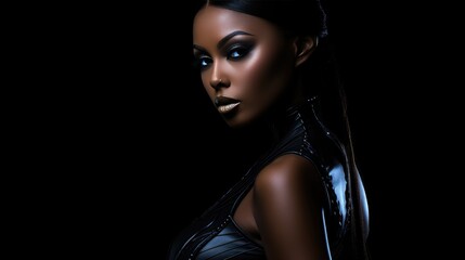African American woman in black clothes portrait on black background. Beautiful African chic stylish lady close-up..