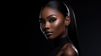 African American woman in black clothes portrait on black background. Beautiful African chic stylish lady close-up.. - obrazy, fototapety, plakaty