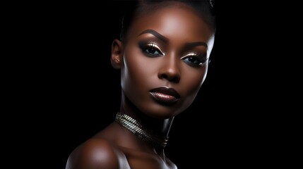 African American woman in black clothes portrait on black background. Beautiful African chic stylish lady close-up..