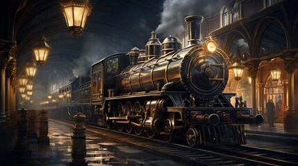 photo of a steampunk train station - obrazy, fototapety, plakaty