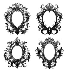 Antique engraving frames. Ornate palace interior borders for chandelier mirror and portrait collection, vintage picture frame set black silhouettes on white