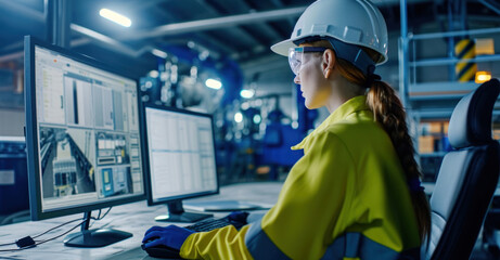 A focused female engineer monitors complex machinery systems, embodying expertise in a high-tech industrial setting