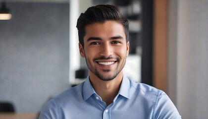 Smiling handsome young business man looking at camera in office, headshot close up corporate portrait. Happy Latin businessman, male entrepreneur, professional manager or company employee at work.