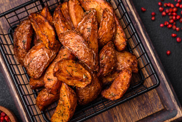 Delicious crispy potato wedges with garlic, salt, spices and herbs