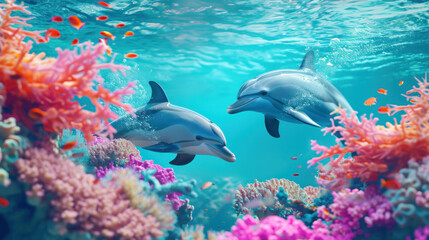 Two dolphins glide gracefully through a vibrant underwater paradise, surrounded by lively coral and the dance of light in water