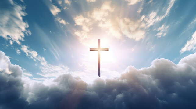 Jesus cross symbol on infinite sky background. Sky with clouds and sun rays with Christian cross in the middle - religious catholic background with copy space