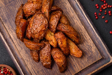 Delicious crispy potato wedges with garlic, salt, spices and herbs