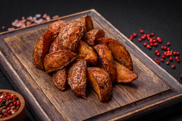 Delicious crispy potato wedges with garlic, salt, spices and herbs