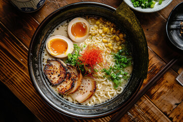 Miso Ramen Asian noodles with egg, enoki and pak choi cabbage in bowl on wooden background