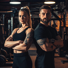 Fototapeta na wymiar fitness gym wife and husband in their gym with their hands folded