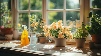 Pots of flowers on a window with a wide sill