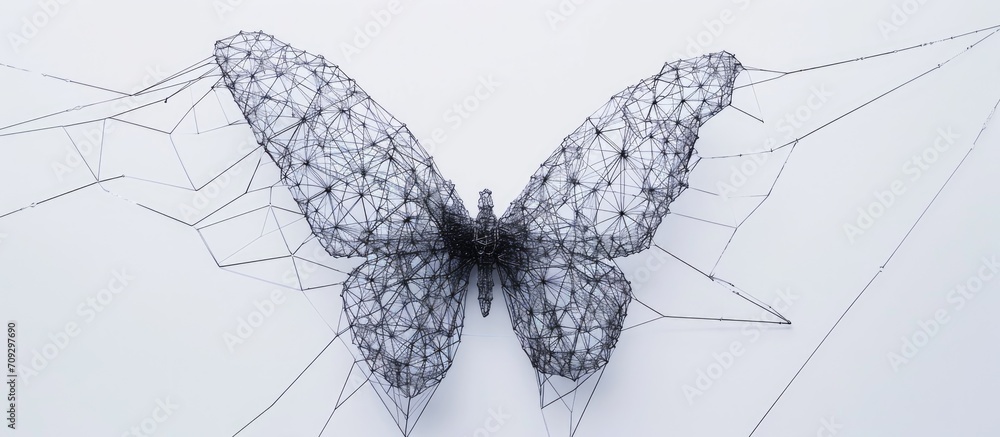 Poster create a abstract wireframe butterfly on a white surface using a printing pen.