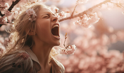 Pretty young woman sneezing beside blooming tree because of allergy on pollen. AI - obrazy, fototapety, plakaty
