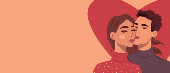 Postcard banner flat style place for text romantic concept man and woman. Couple in love. Two lovers hug. Vector trend illustration of the holiday February 14, Valentine's Day