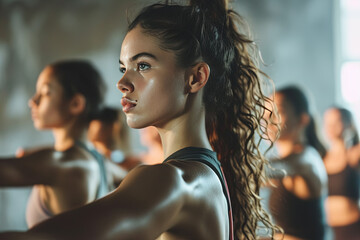 mujer joven en clase de gimnasia vistiendo ropa de deporte, sobre fondo con compañeras de clase en el interior de una sala de entrenamiento