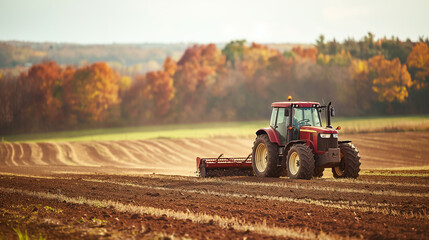 Obraz premium Tractor working in field in autumn. AI