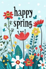 Lettering Happy spring with decorative flower elements