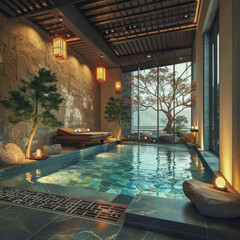 A serene indoor spa with a pool, ambient lighting, and large windows showcasing a scenic outdoor view. Soft focus.