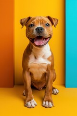 Cute Staffordshire bull terrier puppy sitting on colorful background