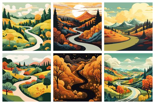 Winding road landscapes. Flat cartoon panorama with mountains hills and asphalt roads, nature country roadway views vector illustration